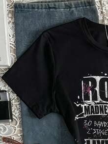 Glimmora 时尚休闲“摇滚狂热”音乐节图案印花圆领女式T恤 - 黑色 - 查看 5