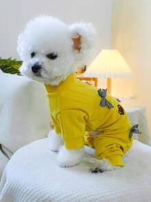 PETSIN 1件宠物服装，刺绣泰迪熊卡通图案连体衣，猫狗通用舒适柔软家居服 - 黃色 - 查看 5