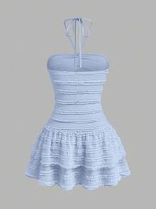 Sweetra Women's Plus Size Light Blue Cute Summer Vacation Holiday Vintage Style Dress,Textured Backless Double-Layer Ruffle Hem Pleated Neckline Party Dress - Baby Blue - View 2