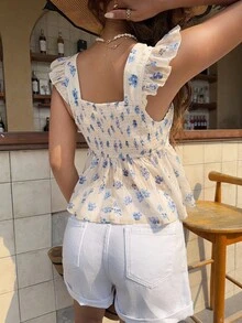 Serisse 女士印花前系带短袖时尚衬衫 - 藍白色 - 查看 2