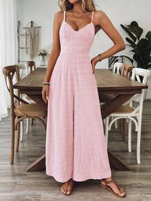 Breezaya 女士V领露背蝴蝶结吊带连体裤，玫瑰红，春夏款 - 粉色 - 查看 6