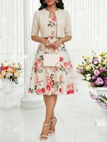 SHEIN Lady 女士纯色半袖开衫和印花连衣裙优雅两件套 - 彩色 - 查看 4