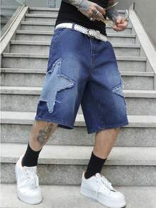Manfinity EMRG Quần short denim vá với họa tiết ngôi sao ngược - Màu xanh lam - Xem 1