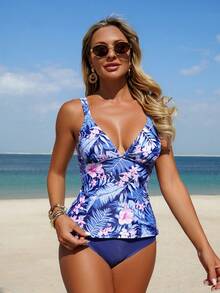 Swim Lushoire Women's Floral Print Camisole & Bikini Set Set, Elegant Casual Beach, Pool, Party & Holiday Outfit, Spring/Summer - Multicolor - View 1