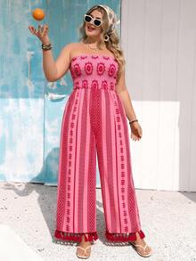 Vivid Eden Plus Size Boho Pink Folk Custom Pattern Strapless Long Jumpsuit With Shirred Details Woven Fabric Sleeveless Summer Outfit - Pink - View 1