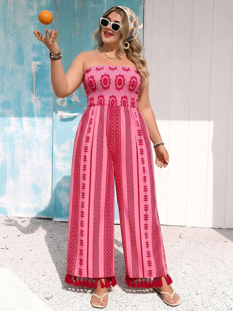 Vivid Eden Plus Size Boho Pink Folk Custom Pattern Strapless Long Jumpsuit With Shirred Details Woven Fabric Sleeveless Summer Outfit - Pink - View 1