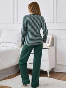 Loomlin Women Cotton Ribk Knit Striped With Cute Rabbit Embroidery Detail Long Sleeve Shirt&Pants Homewear Comfort Pajama Set - Green - View 2