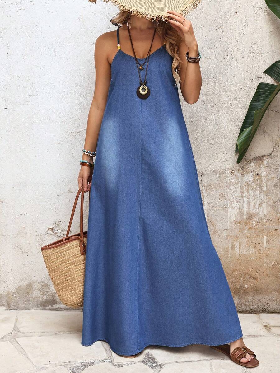 EMERY ROSE 女士休闲度假及日常穿着串珠吊带牛仔连衣裙 - 藍色 - 查看 1