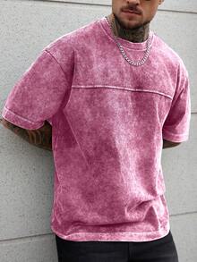 Manfinity CasualCool 男士休闲水洗复古T恤，夏季 - 玫紅色 - 查看 4