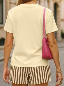 SHEIN PariChic Bộ đồ nữ 2 món họa tiết da báo thời trang kèm nơ gồm áo thun và quần short kẻ sọc, kiểu dáng thường ngày. - Màu Khaki - Xem 2