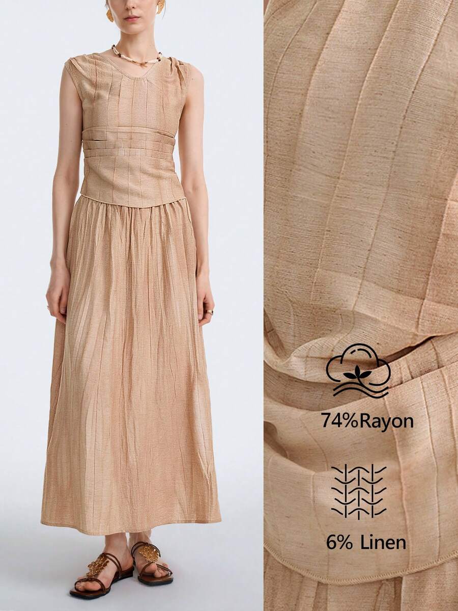 Aalyst Women's Textured Fabric Casual Tank Top And Skirt 2 Pieces Set - Apricot - View 1