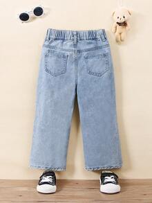 SHEIN Casuvi Kids Y2K 风少女日常通勤弹力腰直筒牛仔裤，带平口袋，适合日常、上学、校园、大学暑假穿着。 - 淺色水洗藍 - 查看 2