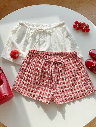  Comfortcana 2pcs Women Linen Striped Shorts Plaid Cotton Combination Shorts, Summer Outfits For Women
