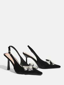 CUCCOO TILAWA Women's Fashion Stiletto Heels - Casual Commuter Summer Square Toe Rhinestone Pearl Bow Slip-On Pumps - Comfortable Slip-On Shoes - Black - View 3