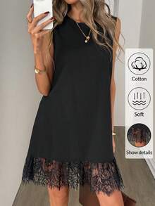 Easowa Cotton Crew Neck Sleeveless Lace Hem Mini Dress, Suitable For Casual, Beach, Holiday Wear, Spring/Summer Women's Sleeveless Black Shift Dress With Delicate Lace Hem And Round Neck Soft Cotton Feel For Summer Summer Dress Spring Dresses Beach Dress Casual Dresses For Women Vacation Dress Ruffle Dress,Black Dress For Women,Summer Dresses For Women - Black - View 3