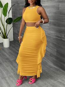 Slaydiva Mustard Yellow Summer Seksi Chic Party Night Women's 2-Piece Set,Round Neck Sleeveless Backless Crop Top & Ruffle Hem Long Skirt Solid Color Knit - Yellow - View 3