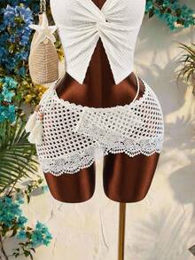 Amplova Women's White Contrast Lace Hollow-Out Skirt Summer Boho Beach Holiday Outfits, Y2k Spring Festival Easter Skirt,Elegant Wedding Guest Party Skirt - Apricot - View 4