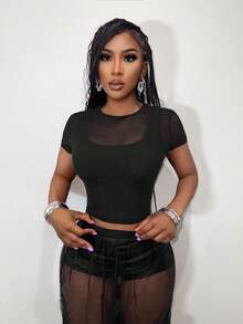 Mistrie Sheer Mesh Sexy Black Short Sleeve T-Shirt, Mesh Splice Round Neck Fitted Cropped Top, Spicy Girl Minimalist Sexy Style Tight Midriff-Revealing Undershirt/Outerwear - Black - View 11