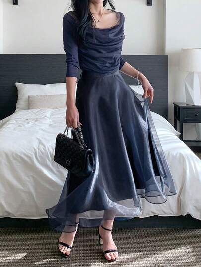 DAZY 2pcs Navy Blue Mesh Bodycon T-Shirt Set For Women