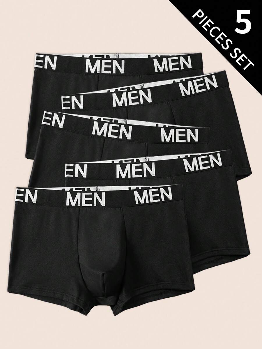 Manfinity Underwear&Sleepwear Basics 5件套大码男士字母腰带平角内裤 - 黑色 - 查看 1