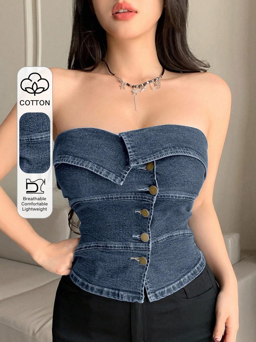 DAZY 夏季性感修身露脐上衣，不对称领口和抹胸设计，女士款 - 霧霾藍 - 查看 1