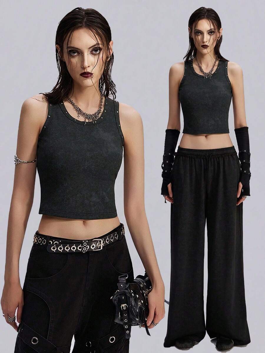 Breakform Women's Punk Floral Jacquard Ribbed Rhinestone Decor Sleeveless Cropped Tank Top, Suitable For Daily Wear - Black - View 1