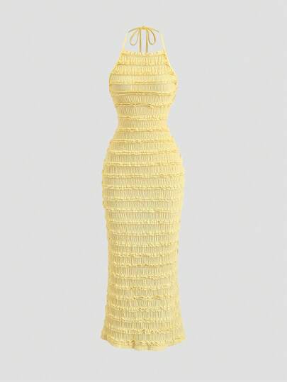 Sweetra Women's Light Yellow Pleated Spaghetti Strap Lace Maxi Dress, Romantic Sexy Resort Style, Spring/Summer