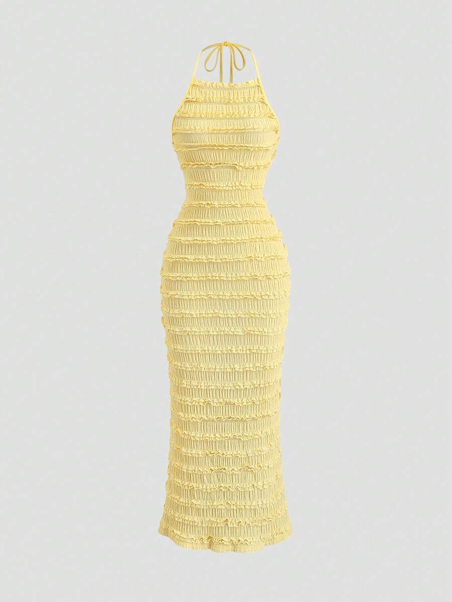 Sweetra Women's Light Yellow Pleated Spaghetti Strap Lace Halter Neck Maxi Dress, Romantic Sexy Resort Style, Spring/Summer - Yellow - View 1