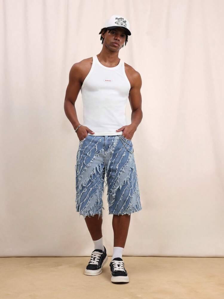 Herren klassisches weißes geripptes Trägershirt mit kleinem Logo-Brustdruck, lässiges ärmelloses Unterhemd, Sommer-Garderobegrundlage
