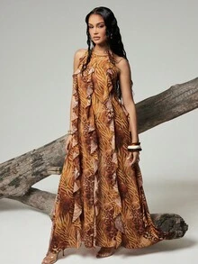 Hauture Women's Sexy Abstract Animal Print Layered Ruffle Hem Halter Neck Maxi Dress - Brown - View 5
