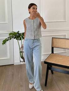 DAZY Solid Color Crew Neck Sleeveless Fitted Jacket For Women, Spring & Summer - Grey - View 5