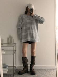 DAZY 女士圆领条纹休闲百搭日常长袖T恤宽松款 - 灰色 - 查看 6