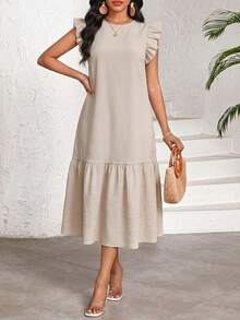 SHEIN Lady 女士纯色圆领褶皱休闲派对旅行中长连衣裙 - 卡其色 - 查看 4