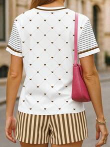 EMERY ROSE 2pcs/Set Heart & Diamond Print Striped Sleeve T-Shirt + Vertical Striped Shorts, Y2K Retro Style - Coffee Brown - View 2
