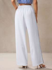 NOVVYNE 女士优雅条纹拼接直筒阔腿裤 - 白色 - 查看 2