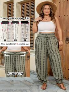 SHEIN CURVE+ Curve 尺码 US22 音乐节、海滨度假、波西米亚条纹灯笼裤、束腿裤、度假裤 - 彩色 - 查看 1