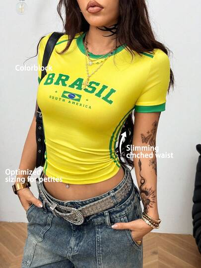 SHEIN Coolane Petite Conjunto de verano para mujer de talla pequeña, ropa urbana casual para días de juego, salir, festivales, camiseta de punto con gráficos, de manga corta, cuello redondo, efecto alargador, con bloques de color, amigable para tallas pequeñas