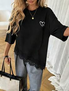 SHEIN LUNE Women's Casual Asymmetric Hem Lace Patchwork T-Shirt, Heart Print - Multicolor - View 6