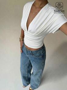 Aloruh White Ruched Short Sleeve V-Neck Cropped Top,Summer Holiday Vacation Outfits Women,Seksi Chic Brunch Street Spring Fashion Clothing Festival Beach - White - View 5