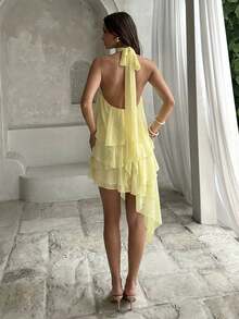 Aloruh 女士优雅浪漫时尚轻盈雪纺荷叶边不对称下摆迷你连衣裙，适合度假、约会、外出就餐、海滩等场合。 - 淡黃色 - 查看 2