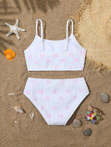 SHEIN 少女蝴蝶印花比基尼套装，白色底粉色蝴蝶图案，可爱可调节肩带，两件套泳衣，含三角泳裤，适合夏季度假、海滩、游泳池、派对等场合。 - 白色 - 查看 2