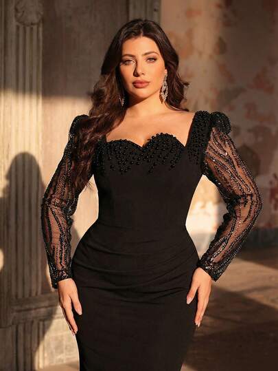 Aureia Plus Size Elegant Minimalist Black Round Neck Long Sleeve Sheer Chest Sequins Decor Luxury Sequin Patchwork Knit Mermaid Hem Dress, Suitable For Celebration, Party, Formal Events, Gala