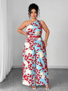 Elenzga Summer Fashion Casual Vacation French Retro Elegant Commuting Halter Waist Cinched Floral Jumpsuit - Blue - View 7