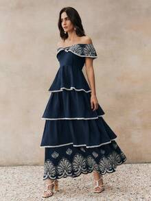 Anewsta Summer Holiday Outfit Romantic Off-Shoulder Ruffle Hem Cake Elegant Ladies Vacation Dress Bohemian Dresses For Women Mediterranean Style Clothes French Style Dress - Navy Blue - View 1