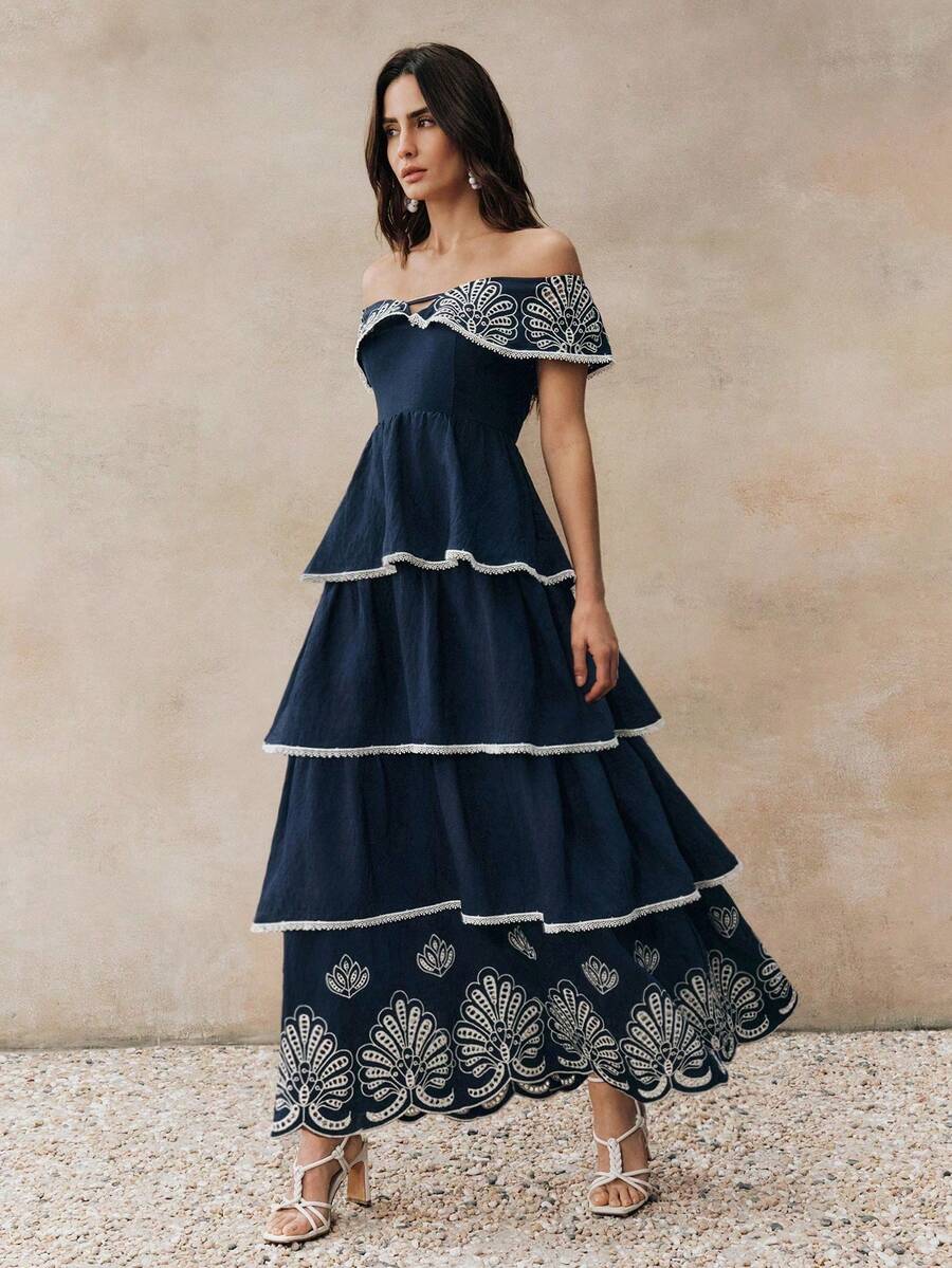 Anewsta Summer Holiday Outfit Romantic Off-Shoulder Ruffle Hem Cake Elegant Ladies Vacation Dress Bohemian Dresses For Women Mediterranean Style Clothes French Style Dress - Navy Blue - View 1