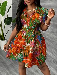 Slaydiva Đầm ngắn dáng rộng tối giản dành cho nữ, thích hợp cho mùa hè, kỳ nghỉ, họa tiết hoa nhiệt đới, da báo, họa tiết hoa lớn. - Nhiều màu - Xem 3