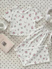 SHEIN Tween-Mädchen Pyjama Set, minimalistisches Blümchen-Muster Rundhals Kurzarm Top und weiche, bequeme gerippte Hose, 2-teiliger Schlafanzug - Pink - Übersicht 2