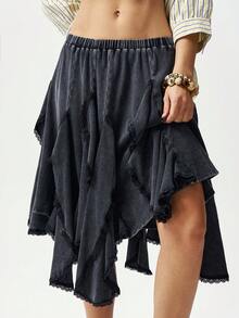 Bohemela 女士休闲纯色不对称下摆针织裙 - 黑色 - 查看 1