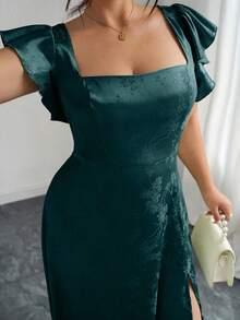 Elenzga Đầm dài tay bồng cổ vuông xẻ tà dành cho nữ cỡ lớn, chất liệu vải jacquard bóng màu xanh lá cây, đa năng cho đi làm, mặc hàng ngày, dự tiệc cưới, dạ hội, lễ tốt nghiệp, mua sắm, chụp ảnh, thoải mái và thời trang. - Màu xanh lá cây đậm - Xem 7
