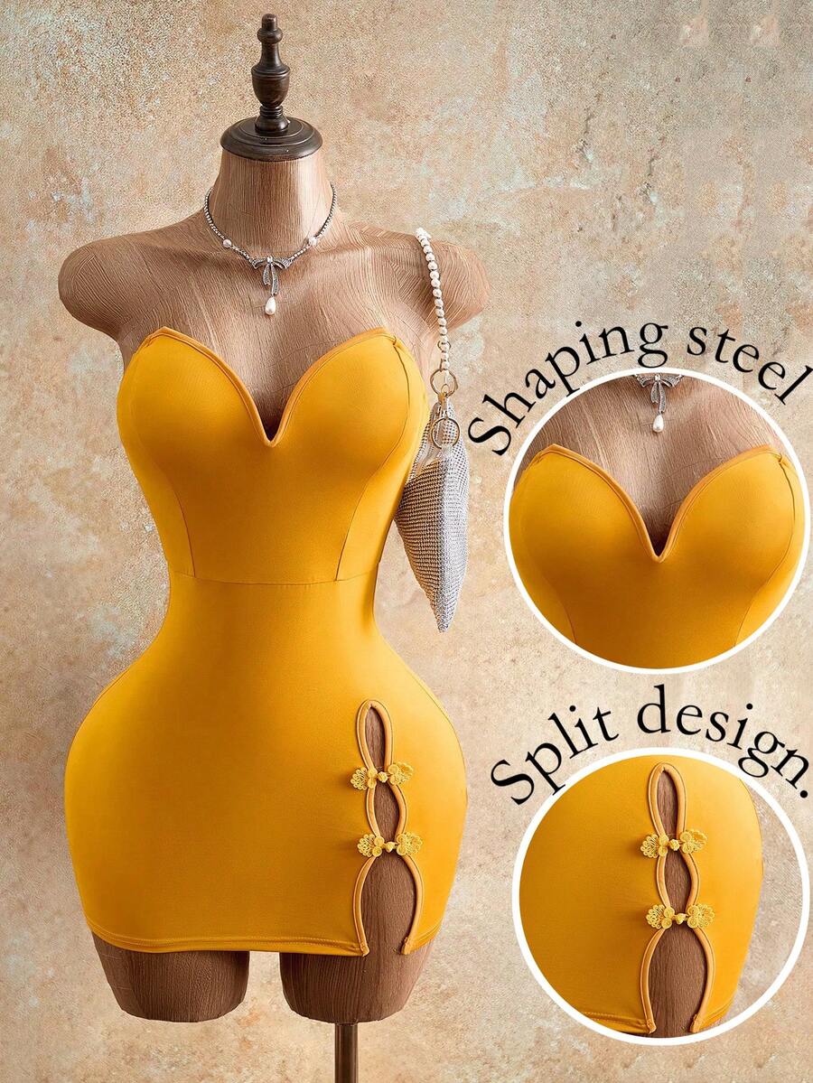 Mistrie Đầm mini ôm sát gợi cảm kiểu quây ngực, màu trơn, thiết kế cài nút dành cho nữ. - Màu vàng - Xem 1